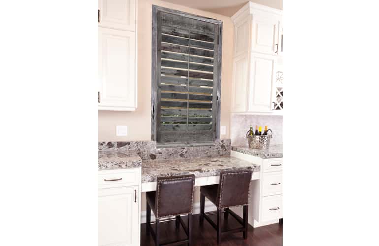 Reclaimed wood shutters on kitchen window in San Diego